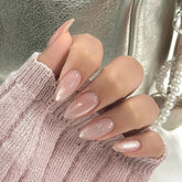 YICKYUE - 24pcs Sweet Pink Cat Eye Fake Nails Shiny Nude Pink Bow Decor False Nails Wearable Full Cover Korean Cute Almond Press on Nails
