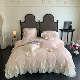 YICKYUE - French Style Bedding Set Princess Duvet Cover Set Cotton Chiffon Lace Ruffle Comforter Sets Luxury Girls Wedding