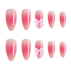 YICKYUE - 24pcs of almond pointed nail powder blusher bow false nail piece nail enhancement, including 1 piece of jelly glue and 1strip