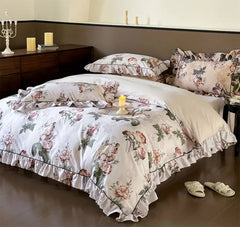 Yickyue - Romantic fairyfair ruffle flower rose bedding set,full queen king rustic cotton home textile bed sheet pillow case quilt cover