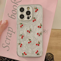YICKYUE - Qianliyao Cute 3D Silver Cherry Fruit Phone Case For iPhone 16 15 14 13 12 11 Pro Max Soft Shockproof TPU Back Cover