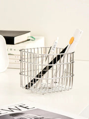 YICKYUE - Luxury Stainless Steel Silver Storage Basket, Cosmetic Pen Holder, Desktop Sundry Square Basket, Home Decoration