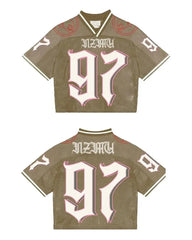 Hearujoy American Gothic Rock Letters Oversized T-Shirt Men's Y2K Street Hip-Hop Harajuku Loose V-Neck Baseball Uniform Women's Top