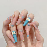 24pcs/Box Flower Extra Long Coffin False Nails Bow V French Press On Nails Fake Nails with Designs Full Cover Nail Tips