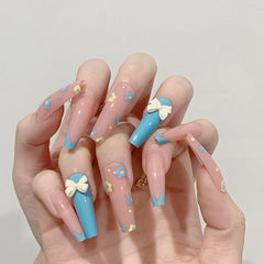 24pcs/Box Flower Extra Long Coffin False Nails Bow V French Press On Nails Fake Nails with Designs Full Cover Nail Tips