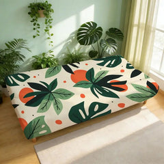 Flat print stretch sofa bed armless sofa cover green plant pattern on beige background