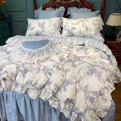 Yickyue Chic Blue White Romantic Shabby Ruffle Lace Duvet cover set 4/7pcs 100%cotton Bedding Set match Ultra Soft Bedskirt Pillowcases