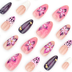 YICKYUE - 24pcs 3D Purple Devil's Flower Design False Nails Ins Handmade Almond Shaped Fake Nail Tips Wearable French Press on Nails