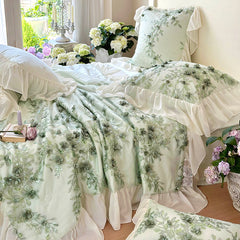 YICKYUE - French Romantic Lace Ruffles Princess Lyocell Eucalyptus Fiber Summer Quilt Bedding Set Summer Comforter Pillowcases Bed Sheet