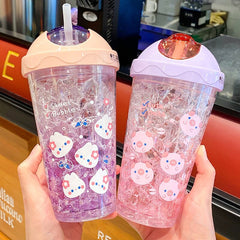 450ml Kawaii Duck Strawberry Ice Water Bottle With Straw Cute Plastic Water Cup Portable Milk Tea Juice Drink Bottle BPA Free
