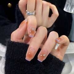 24Pcs/Box Square Head False Nails Blush Diamond Short Fake Nails Full Cover Press On Nail Tips Manicure Tool