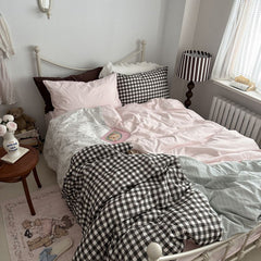 YICKYUE - Korean Vintage Cotton 4pc Bedding Set - Gingham & Floral Print