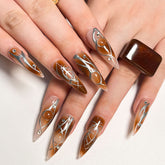 YICKYUE - Silver Lines Brown Halo Dyeing Totem Long Pointed Fake Nail Tips Maillard Detachable Finished False Art Nails Press on Nail Glue