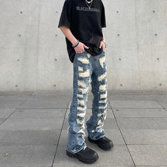 Hearujoy Men's American Vintage Distressed Jeans High Street Straight Tube Loose Fitting Pants Ripped Denim Trendy Y2k