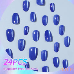 YICKYUE - 24pcs short oval fake nails, aquamarine blasheite cat eye design fake nails, full cover fake nails, press fake nails, suitable f