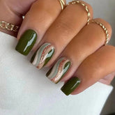YICKYUE - Luxury Dark Green Gold Foil Glitter Powder Ripple Full False Art Nail Fake Nail Tip Press on Glue Manicure Fashion Woman Summer