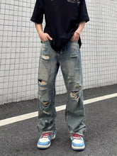 Hearujoy Baggy Ripped Cotton Jeans, Men's Casual Street Style Distressed Denim Pants For Spring Summer K-pop