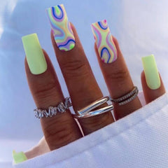 Yickyue 24Pcs White Black Short False Nails with Wave Line Rhinestone Design Detachable Press on Nails Acrylic Full Cover Nail Art Tips