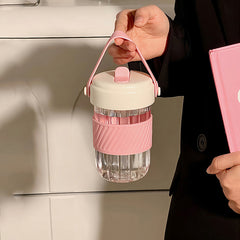 YICKYUE - Kawaii Water Bottle BPA Free For Girls Pink Plastic Cup With Straw Handle Travel Coffee Juice 420ml Drink Bottle Women Tumbler