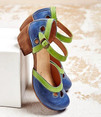 YICKYUE - Women Summer Shoes Mid Heel Hollow Out Casual Sandals Elegant Retro Ladies Pumps Ankle Color Block Buckle Straps Female Sandals