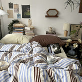 YICKYUE - Blue & Brown Vintage Striped Bedding Set