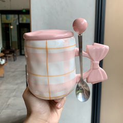 YICKYUE - Girlfriend Butterfly Knot Mug Cute High-end Beauty Ceramic Water Cup With Lid Spoon Couple Kitchen Home Coffee Breakfast Cups