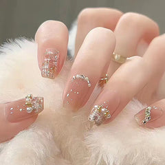 Yickyue 24Pcs Pink Ballet False Nails Long Coffin with Rhinestone Love Heart Wearable Fake Nails Full Cover Press on Nails Tips Glitter