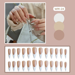 YICKYUE - 24pcs French False Nail Shiny Powder Design Long Pointed Fake Nail Tips for Women Wearable Full Cover Glitter Press on Nails