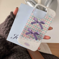YICKYUE - Ins Purple Bowknot Check Phone Case For Iphone 16ProMax 15Pro 13ProMax 16 13 14 15 Pro Max 15ProMax 14Pro Lace Points Cover