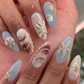 YICKYUE - 24pcs 3D Sea Shells Decor Fake Nails Ins Blue Sea Starfish Press on Nails Full Cover Wearable French Almond False Nail Tips