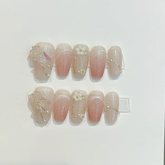 YICKYUE - Handmade Long Almond Wearable Fake Nail Pure Colour Temperament False Nails Nude Pink Glitter Rhinestones Removable Nail Patch