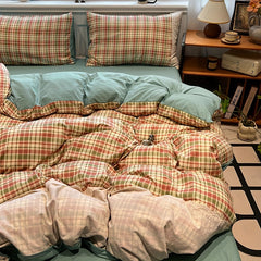 YICKYUE 4pcs Bedding Set 1 Quilt Cover + 2 Pillowcases + 1 Bed Sheet Combination Plaid Pattern Chemical Fiber Fabric Lace Craft Soft And Skin-Friendly Spring And Summer Seasons Does Not Include Quilt Core Does Not Include Pill