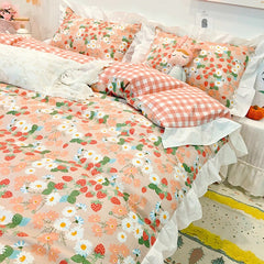 2022 Cotton Edge Printed Bedding 4PCS Quilt Cover Fitted Bed Sheet Pillowcase Cute Princess Room Bedroom Decoration Household