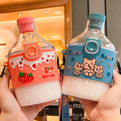 350ml Kawaii Strawberry Milk Cow Pattern Water Bottle For Children Adults BPA Free Plastic Drink Bottle Gourd With Straw Strap