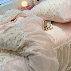 Yickyue Korean Style Chiffon Pure Cotton Bedding Set Full Size Little Floral Duvet Cover Set with Bed Skirt Princess Style Bedding Sets