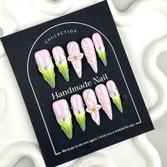 YICKYUE - Handmade Press on Nails Gradient Green Long pointed False Nails Wearable Full Cover 3D Flowers DIY Art Detachabe Fake Nail Tips