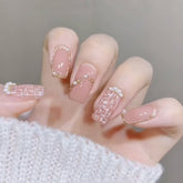 24Pcs Square Head Press oN Nails Full Finished Pink False Nails Gold Edge Pearl Wearable Fake Nail Patch Full Cover Nail Art
