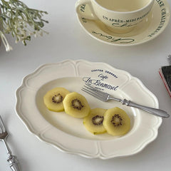 YICKYUE - Creative 8 Inch Retro French Simple Letter Beige Oval Ceramic Western Food Fruit Plate Cake Breakfast Plate Plate Sets