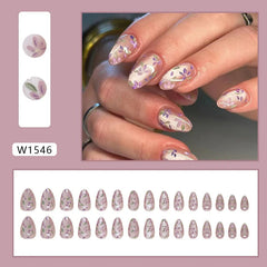Yickyue 24Pcs Purple Cat's Eye Press on Almond Nails with Delicate Floral Designs Romantic Fasle Nail Tips for Women&Girls Elegance Wear