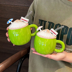 YICKYUE - Creative Cup Summer Coconut Mug Girl Heart Cute Large Capacity Ceramic Cup With Lid Water Bottle Kitchen Acceesories Home Decor