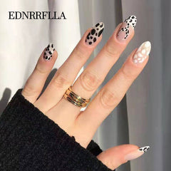 Leopard Black White Fake Nails With Glue Designs Short Round Artificial Nails Tips Press On Nail False Nail Tips Set Manicure