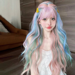 YICKYUE - 26 Inch Iridescent Rainbow Color Multicolour Synthetic Wigs with Bang Long Water Wave Hair Wig for Women Cosplay Heat Resistant