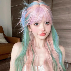 YICKYUE - 26 Inch Iridescent Rainbow Color Multicolour Synthetic Wigs with Bang Long Water Wave Hair Wig for Women Cosplay Heat Resistant
