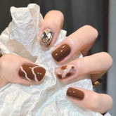 Leopard Diamond Fake Nails Art Nail Tips Press on False Nails Set Full Cover Artificial Short Square Head Fingernails