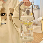 2L Kawaii Water Bottle With Time Marker Straw Plastic Clear Sport Gym Water Jug Gourd Cute Large Portable Drink Bottle BPA Free