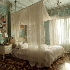 YICKYUE - White Canopy Bed Curtains - 2 Panel Sheer Luxury Bed Canopy With Elegant Lace For Full/Queen Bed (No Pole)