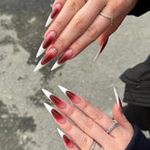 YICKYUE - 24pcs White French Fake Nails Gradient Red Long Pointed False Nail Patches Full Cover Wearable Fake Nail Tips Halloween Manicure