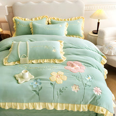 Yickyue - Floral Embroidery Matte Milk Velvet Comforter Cover Bedding Set