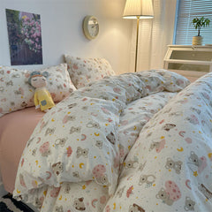 YICKYUE - Wrinkled Yarn Washed Cotton Pastoral Style Bed Four-piece Set Double Cartoon Style Bed Quilt Cover Bedding Set Three-piece
