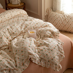 Double-layer Yarn Cotton Four-piece Cotton Lace Quilt Cover Pillowcase Small Floral Long Staple Cotton Three-piece Bedding